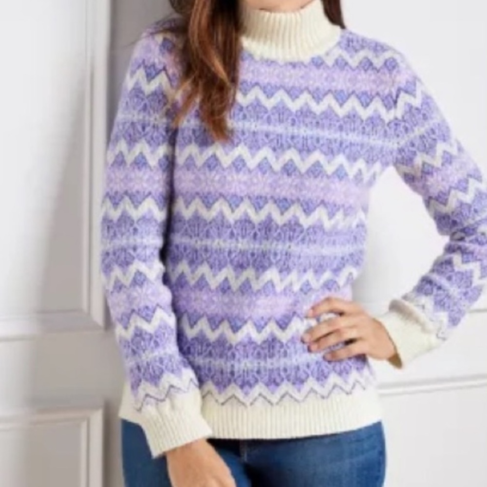 Talbots Zigzag Jacquard Mockneck Purple Cream Wool Blend‎ Sweater. Size Medium.